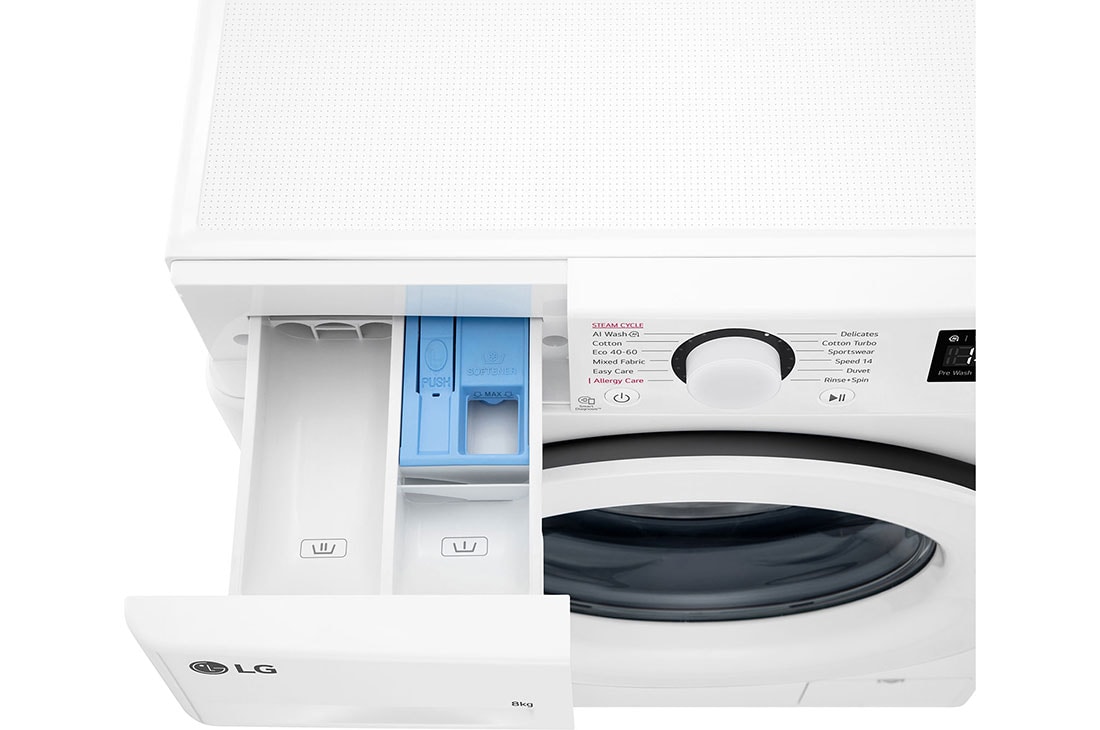 LG 8 кг, макс. 1200 оборота/мин., Перална машина с пара, AI DD™ технология, Slim дизайн, Изглед към чекмеджето за препарати, F2WR508SWW, thumbnail 7